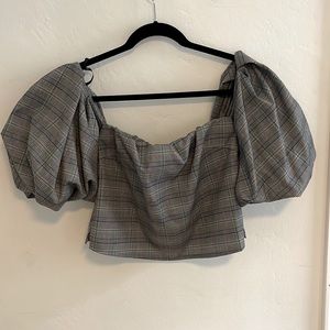 Off the shoulder puff sleeve plaid top